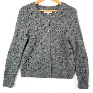 Gilly Hicks Wool Blend Open Knit Crochet Cropped Cardigan Sweater Womens M Gray